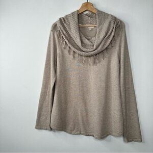 Style & Co Womens Size Medium Pullover Cowl Neck Fringe Knit Sweater Beige